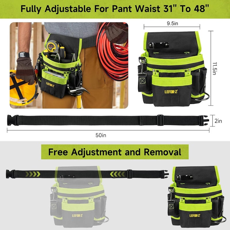 LEFORZ Tool Belt,Magnetic Tool Pouch,14-Pockets Tool Belts for Men,Detachable & Adjustable Tool Pouch belt for Electrician,Carpenter,Construction,Work Apron,Utility Belt,Black-Green - Image 2